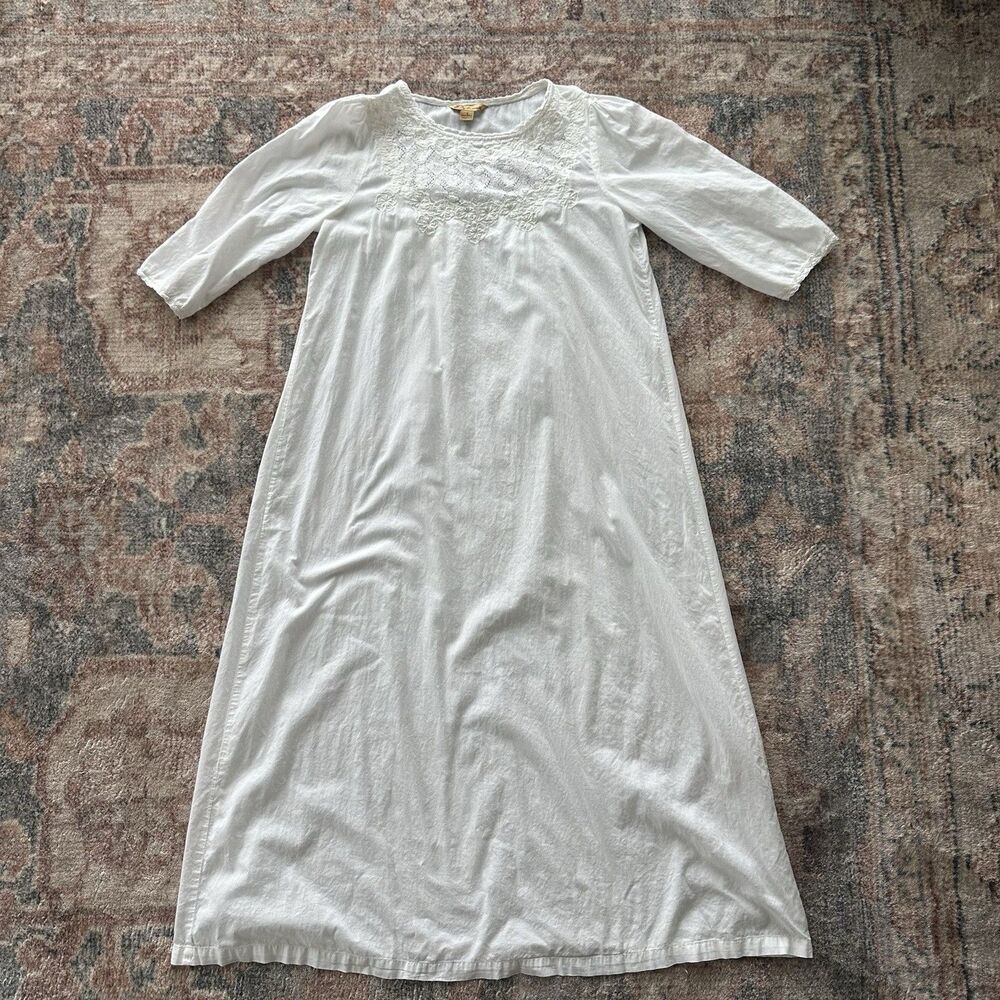 Vtg April Cornell Long White Nightgown Embroidery Prairie Cottage Boho Gran SML